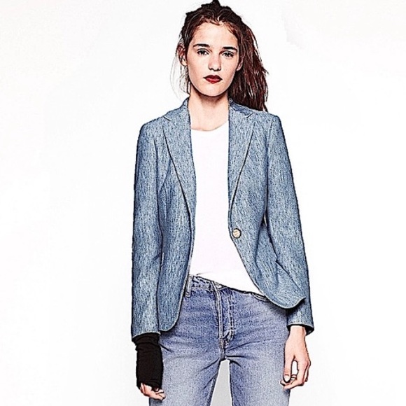 Zara Jackets & Blazers - ZARA BASIC Blue Blazer Coat Notch Collar One Button Shiny Herringbone Jacket EUC